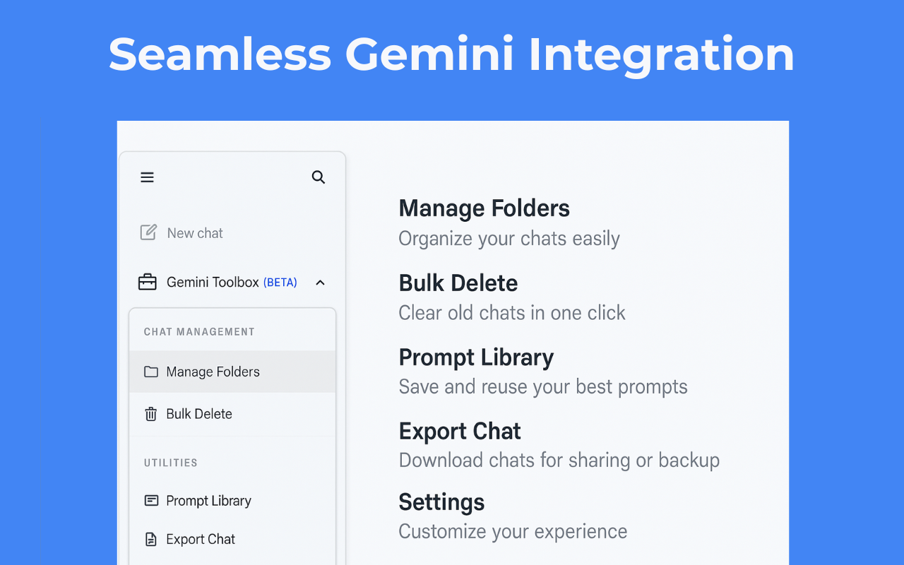 Gemini Toolbox Chrome Extension - organize Gemini chats with folders, export to PDF, bulk delete conversations